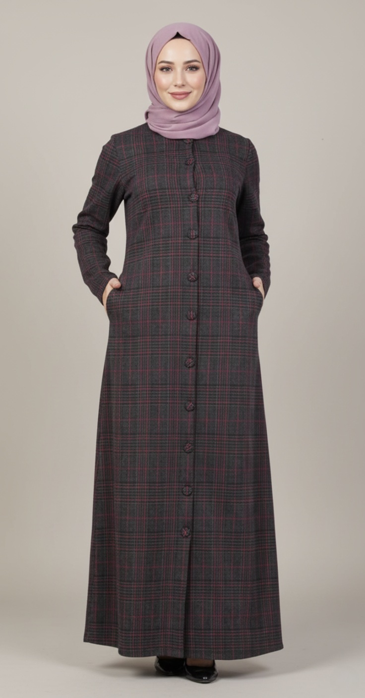 Abaya Boutonnée à Carreaux Bordeaux