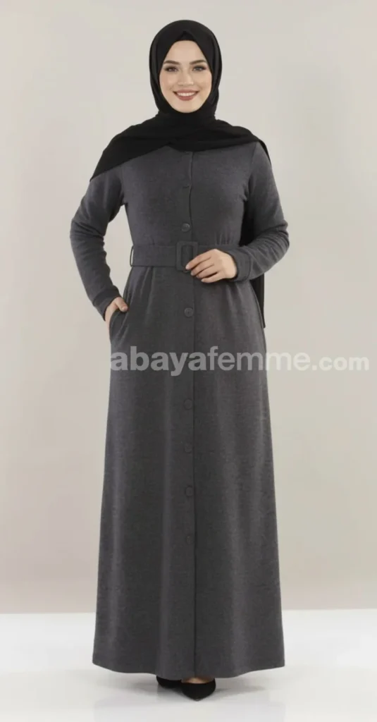 Dark grey buttoned Abaya 03
