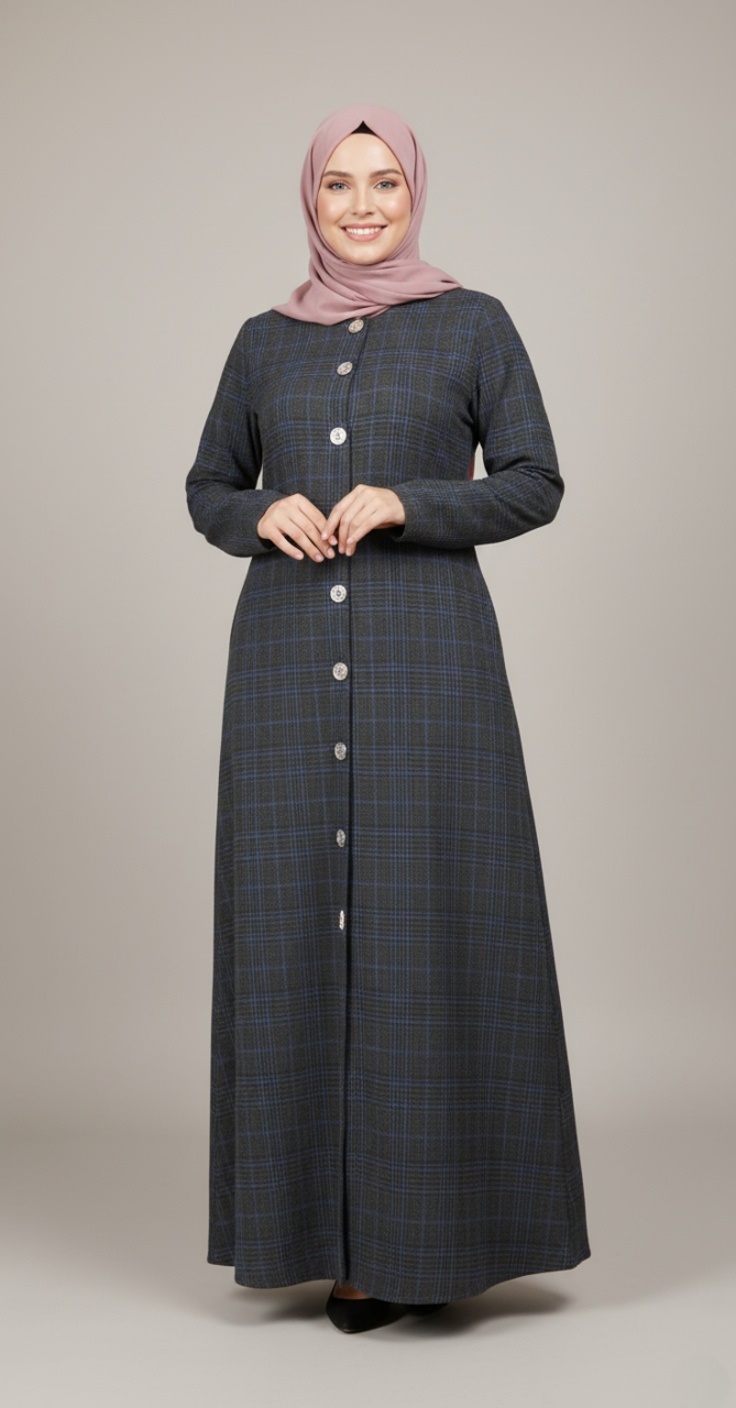 Abaya boutonnée à carreaux Bleu