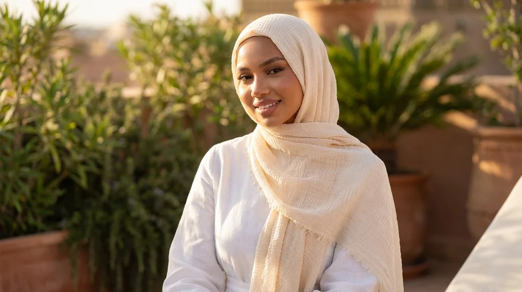 Hijab Froissé Beige Basic Collection 1 Hijab Beige effet fr-lifestyle-2