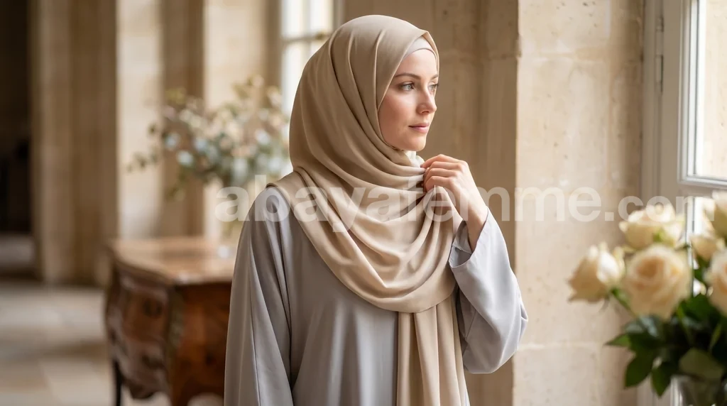 Hijab Soie de Medine Beige 1 Femme portant avec élégance le Hijab Soie de Medine Beige de qualité supérieure