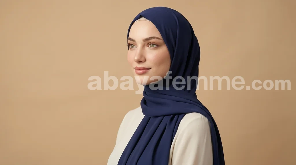 Hijab Soie de Medine Bleu Marine porté avec élégance