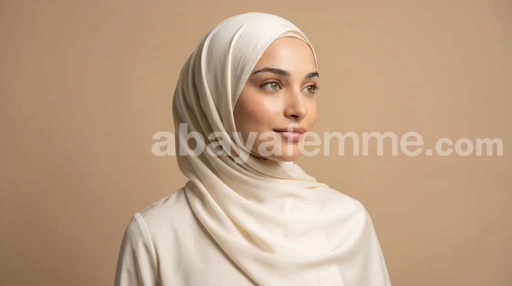 Hijab Soie de Medine Creme 1 Femme portant un hijab soie de medine creme de haute qualité