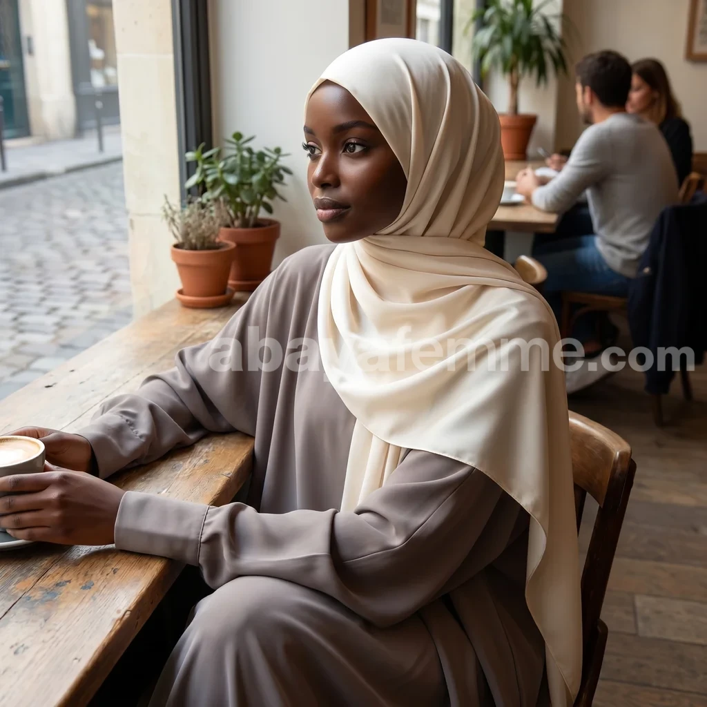Hijab Soie de Medine Creme 2 Détail du tissu du hijab soie de medine creme montrant sa texture fluide