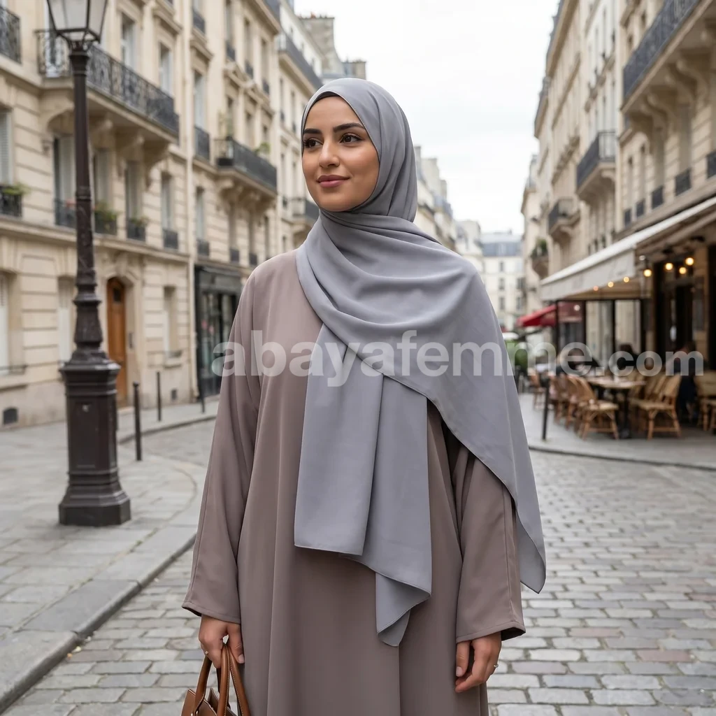 Hijab Soie de Medine Gris 3 Gros plan sur le tissu opaque du Hijab Soie de Medine Gris