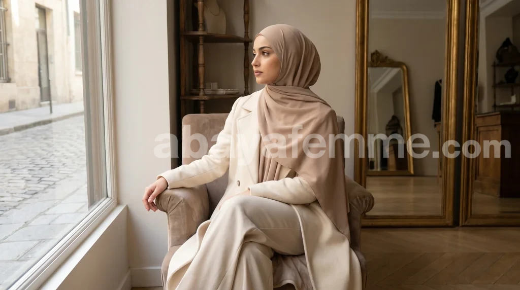Hijab Soie de Medine Nude 1 Femme portant un Hijab soie de medine Nude élégant et fluide