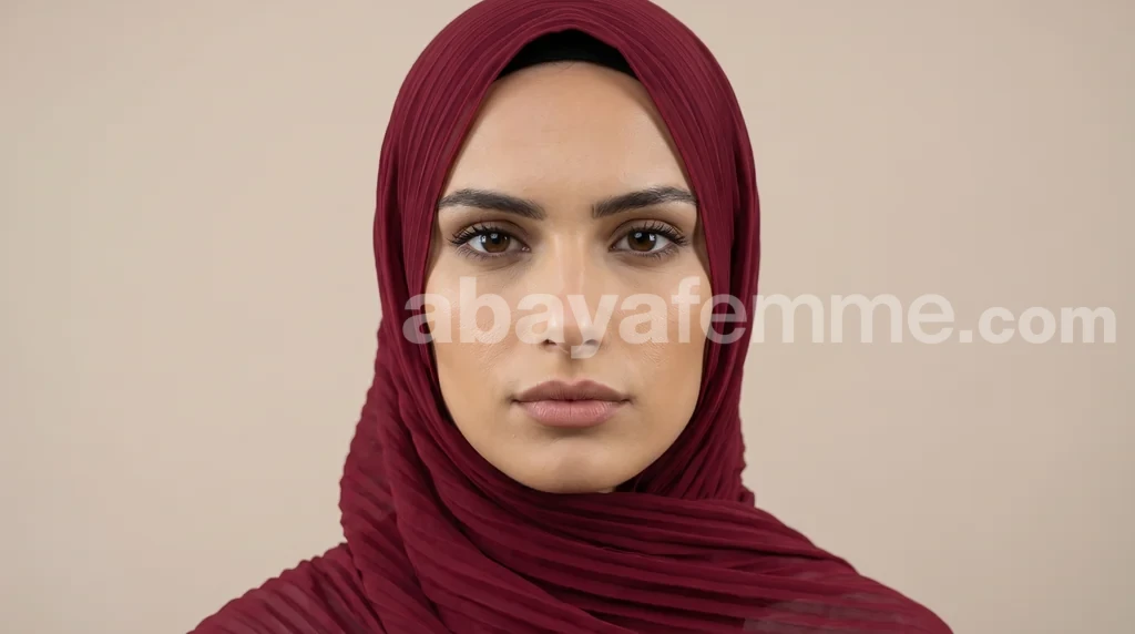 Hijab mousseline plissé bordeaux Collection Wisteria 1 Femme portant le hijab mousseline plissé bordeaux collection wisteria