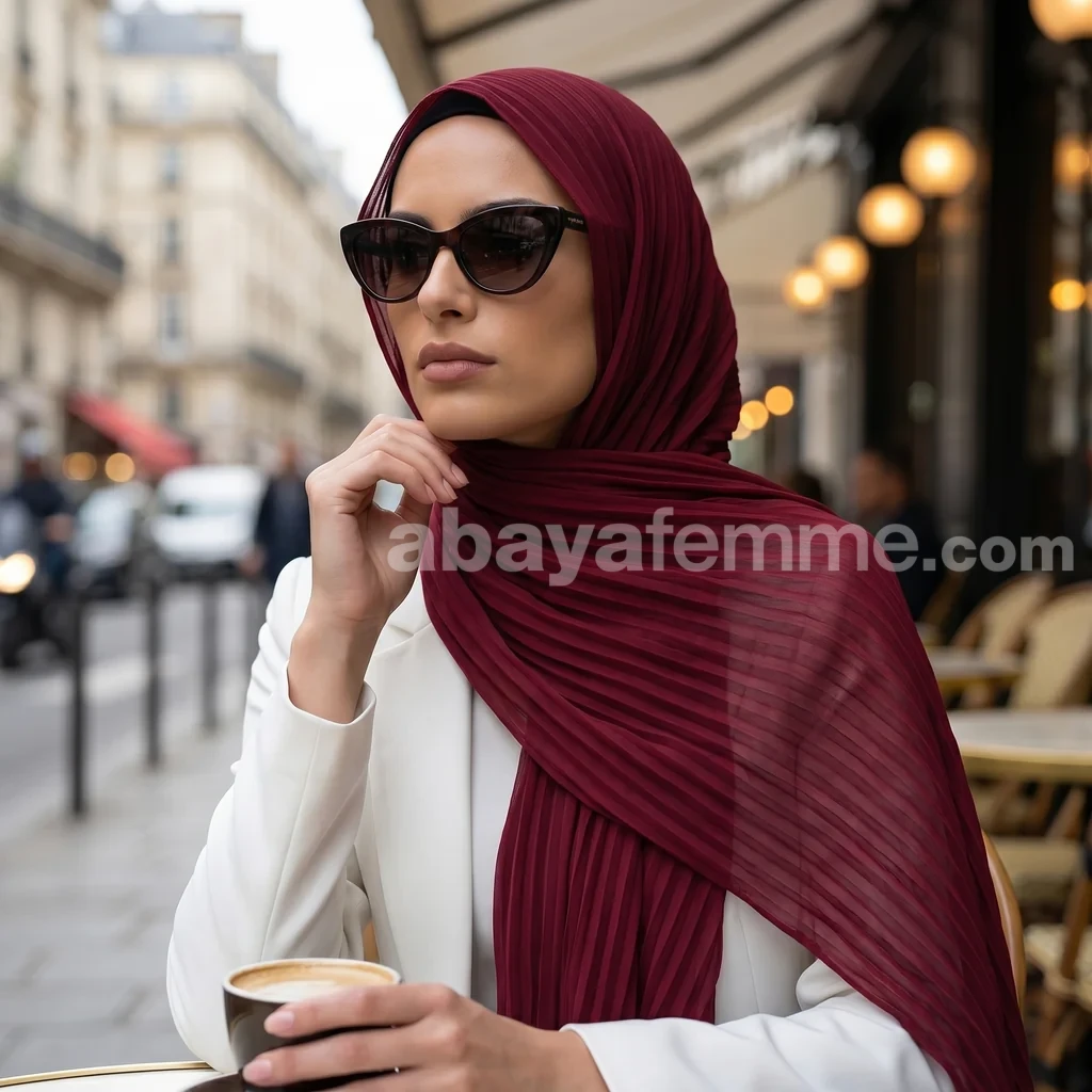 Hijab mousseline plissé bordeaux Collection Wisteria 2 Détail du tissu du hijab mousseline plissé bordeaux collection wisteria