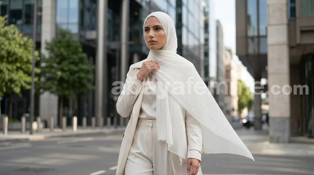 Hijab Mousseline plissé Blanc Wisteria Collection 3 Femme portant le hijab mousseline plissé blanc wisteria collection en style chic