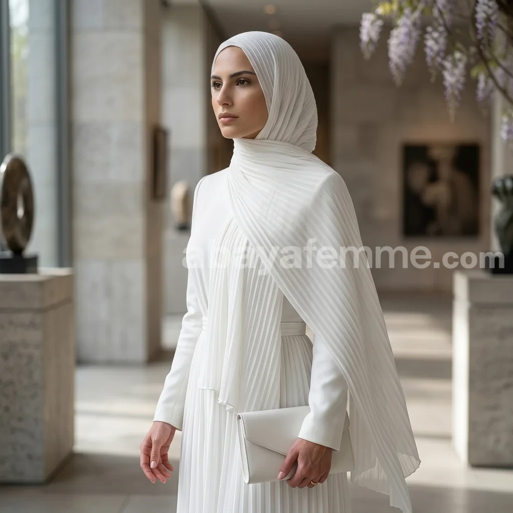 Hijab Mousseline plissé Blanc Wisteria Collection 2 Détail de la texture accordéon du hijab mousseline plissé blanc wisteria collection