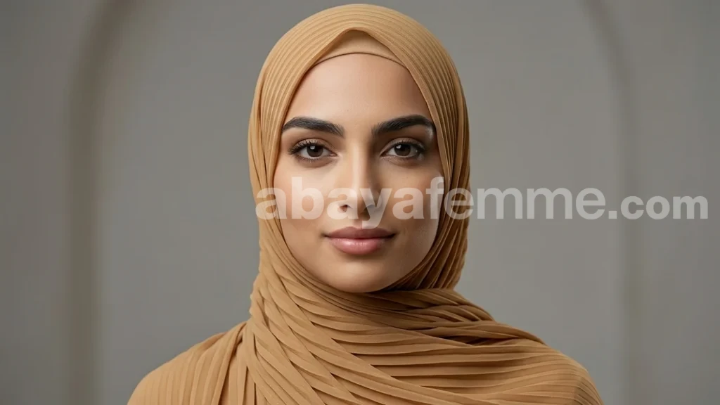 Hijab Camel Wisteria Collection 1 Femme portant le hijab camel wisteria collection en mousseline plissée