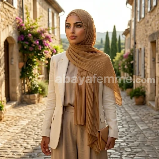 Hijab Camel Wisteria Collection 2 Détail de la texture en mousseline plissée du hijab camel wisteria collection