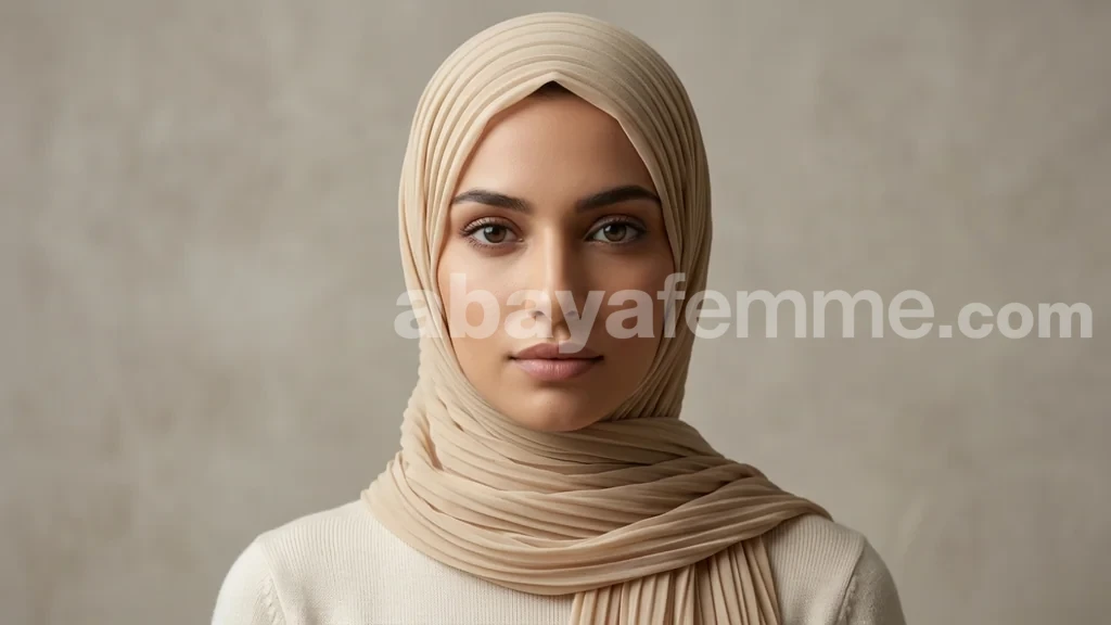 Hijab Mousseline plissé Crème Wisteria Collection 1 Femme portant le hijab mousseline plissé crème wisteria collection avec élégance