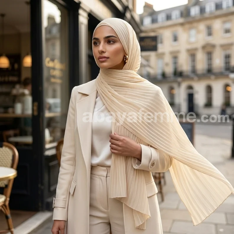 Hijab Mousseline plissé Crème Wisteria Collection 2 Détail de la texture fluide du hijab mousseline plissé crème wisteria collection