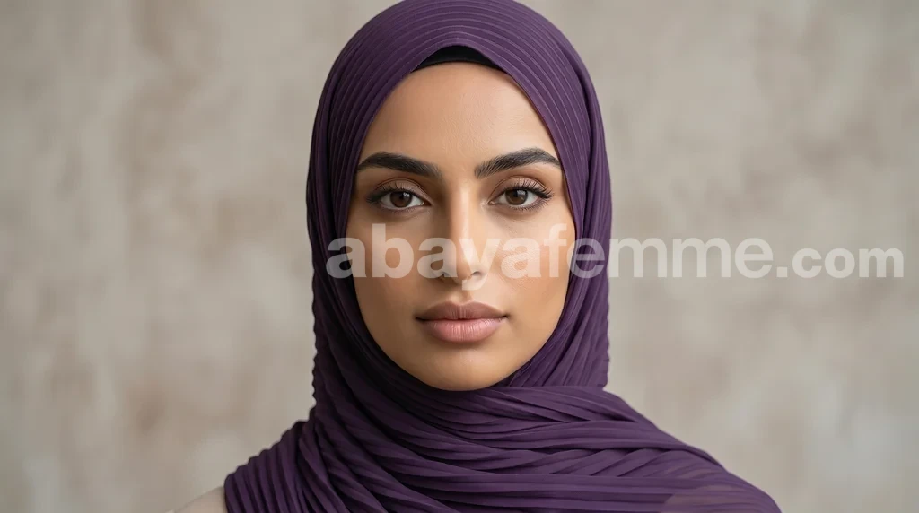 Hijab Mousseline Plissé violet profond Collection Wisteria 1 Femme portant le hijab mousseline plissé violet profond collection wisteria