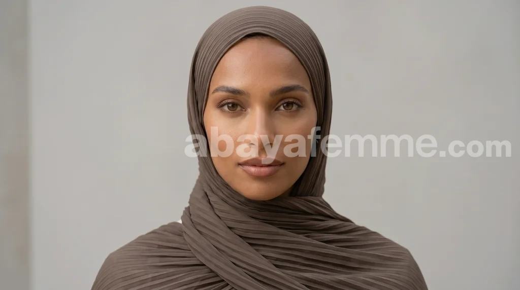 Hijab Mousseline pas cher Plissé Deep Taupe Collection Wisteria 1 Femme élégante portant le hijab mousseline pas cher plissé deep taupe collection wisteria