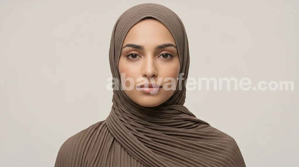 Hijab Mousseline pas cher Plissé Deep Taupe Collection Wisteria 2 Gros plan sur la texture du hijab mousseline pas cher plissé deep taupe collection wisteria