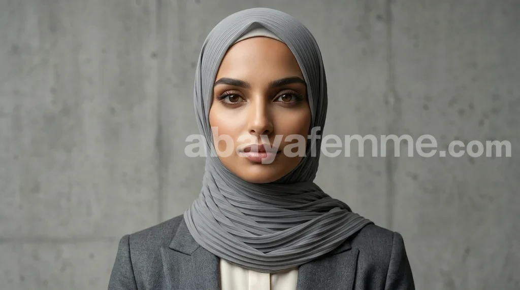 Hijab Mousseline Plissé Gris Collection Wisteria 1 Femme portant le hijab mousseline plissé gris collection wisteria