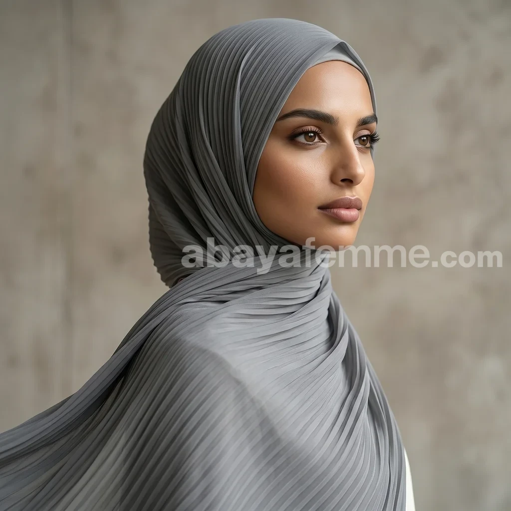 Hijab Mousseline Plissé Gris Collection Wisteria 2 Détail de la texture accordéon du hijab mousseline plissé gris collection wisteria