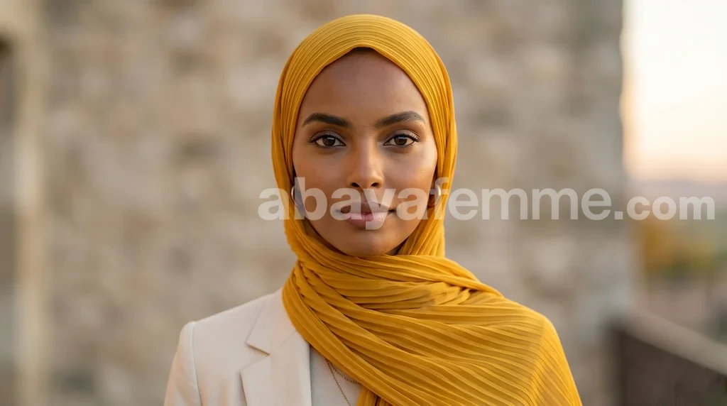 Hijab Mousseline Plissé Jaune Moutarde Collection Wisteria 1 Femme portant le hijab mousseline plissé jaune moutarde collection wisteria