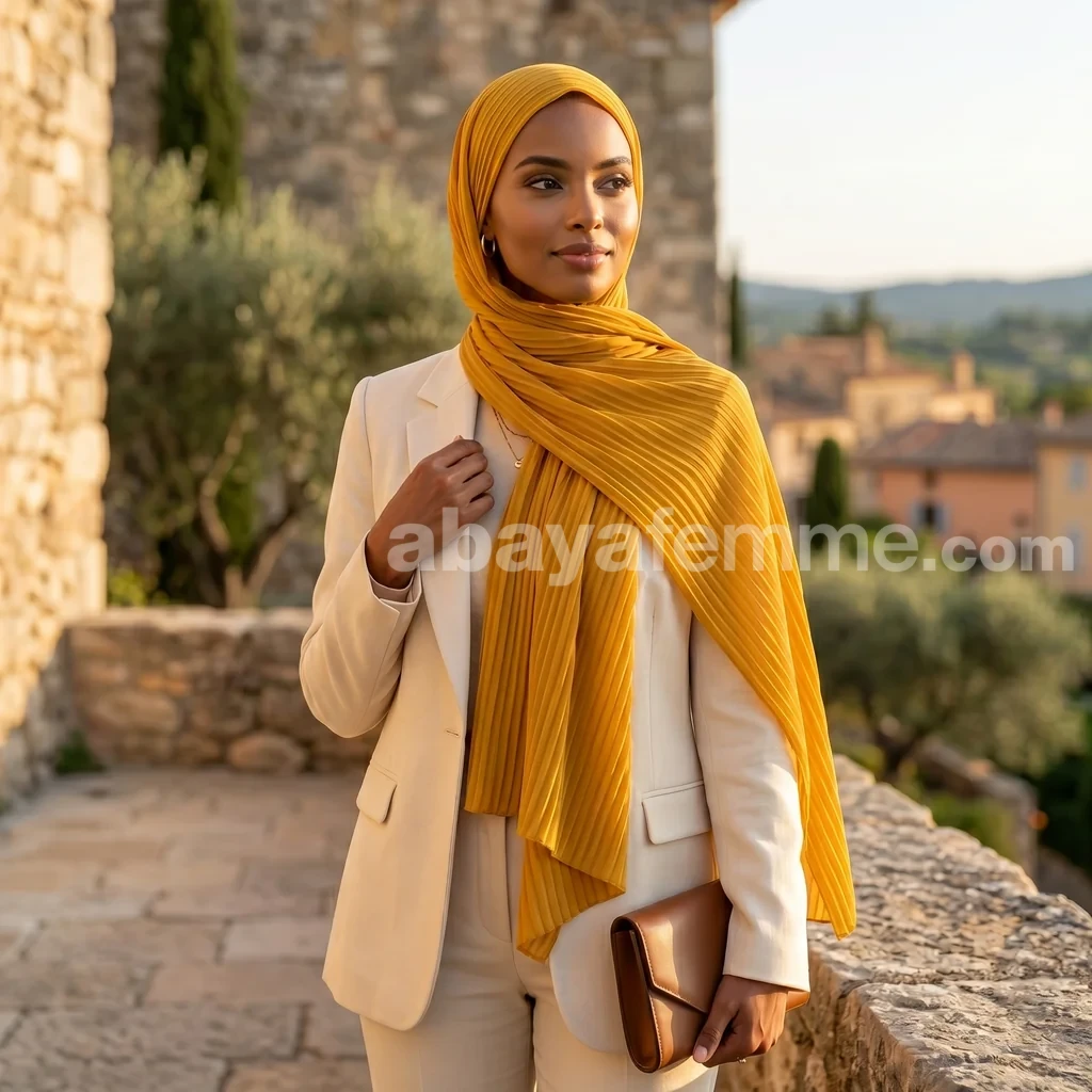 Hijab Mousseline Plissé Jaune Moutarde Collection Wisteria 2 Détail de la texture du hijab mousseline plissé jaune moutarde collection wisteria