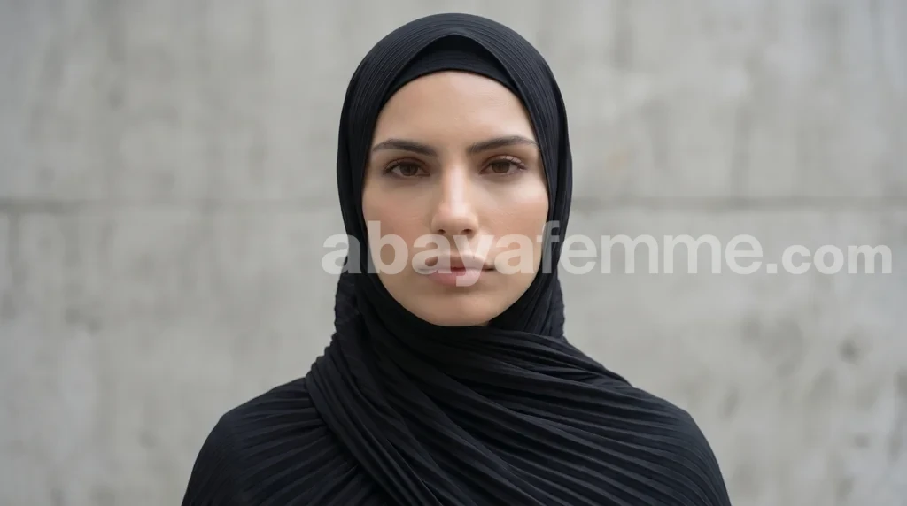 Hijab mousseline plissé Noir Collection Wisteria 1 Femme portant le hijab mousseline plissé noir collection wisteria avec élégance