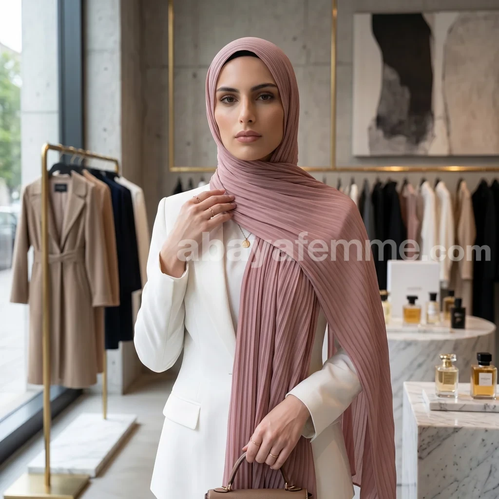 Hijab Mousseline Plissé Vieux Rose Collection Wisteria 3 Pliage et tombé fluide du hijab vieux rose