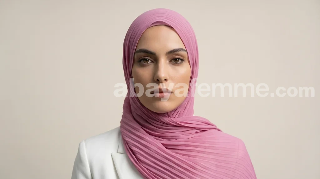 Hijab Mousseline Plissé Rose Collection Wisteria 1 Femme portant le hijab mousseline plissé rose collection wisteria