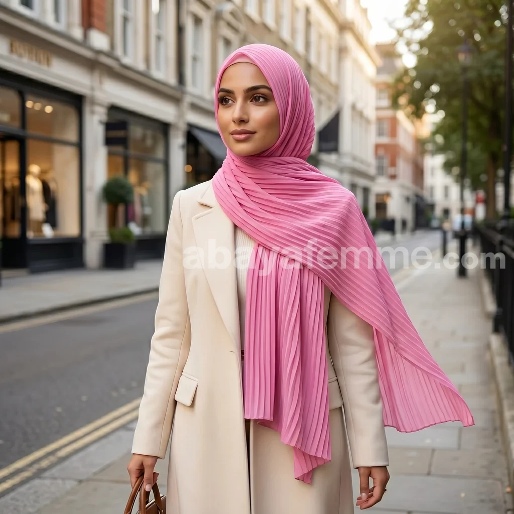 Hijab Mousseline Plissé Rose Collection Wisteria 2 Détail du tissu du hijab mousseline plissé rose collection wisteria