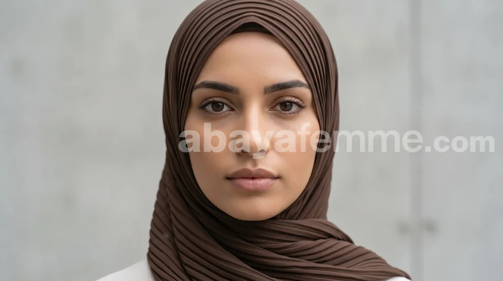 Hijab mousseline plissé Saddlebrown Collection Wisteria 1 Femme portant le hijab mousseline plissé saddlebrown collection wisteria