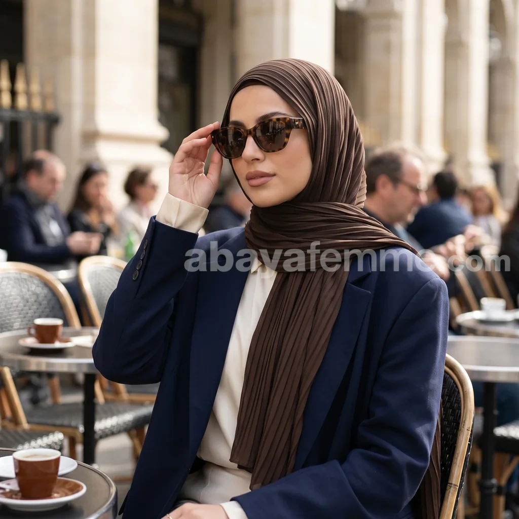 Hijab mousseline plissé Saddlebrown Collection Wisteria 2 Détail du tissu du hijab mousseline plissé saddlebrown collection wisteria