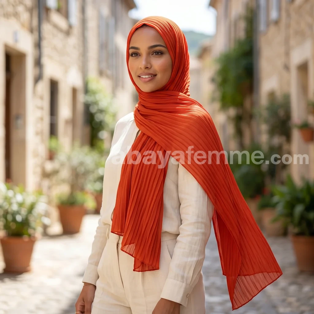 Hijab Mousseline Plissé Tangerine Collection Wisteria 2 détail du tissu du hijab pas cher mousseline plissé tangerine collection wisteria