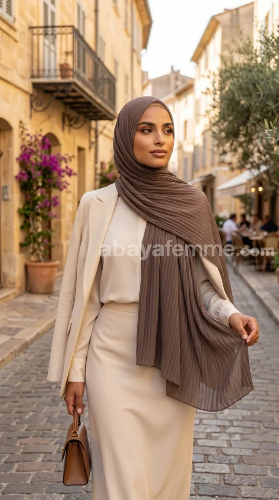 Deep Taupe Pleated Chiffon Hijab Wisteria Collection 04
