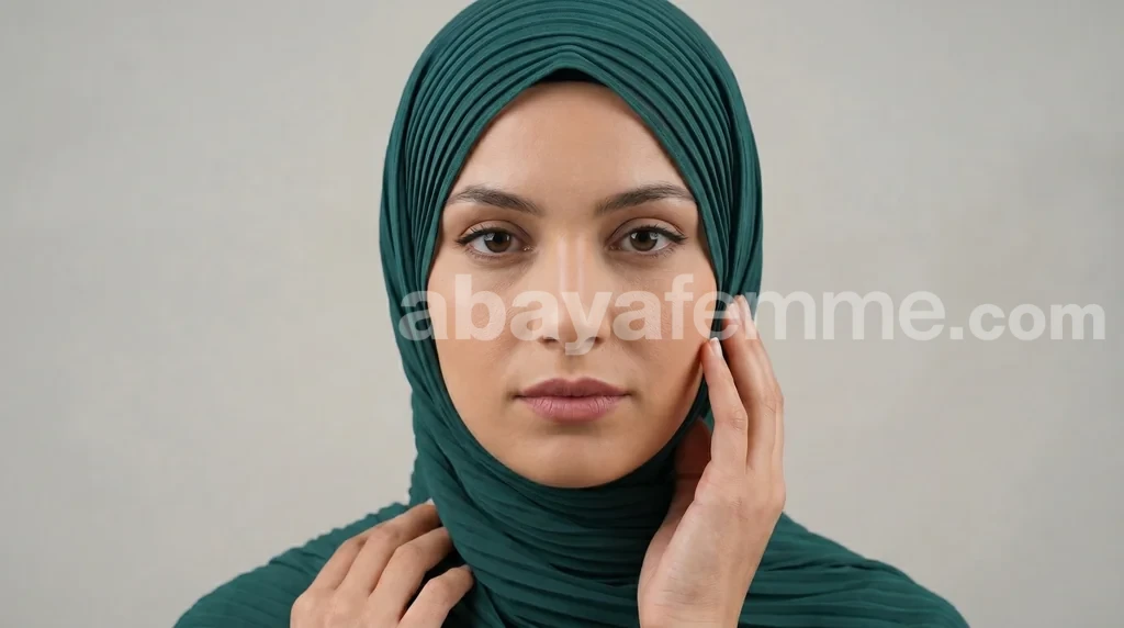 Hijab mousseline plissé Teal bordeauxllection Wisteria 1 Femme portant le hijab mousseline plissé teal wisteria avec élégance