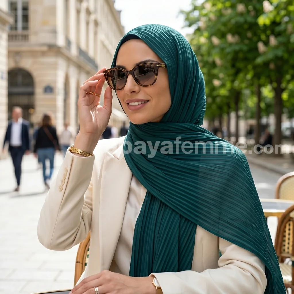 Hijab mousseline plissé Teal bordeauxllection Wisteria 2 Gros plan sur la texture du hijab mousseline plissé teal wisteria