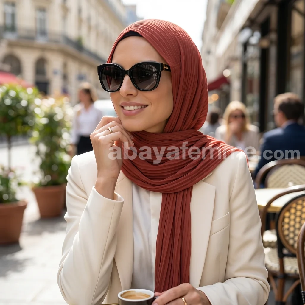 Hijab Mousseline plissé Terracotta Collection Wisteria 2 Détail de la texture du hijab mousseline plissé terracotta collection wisteria