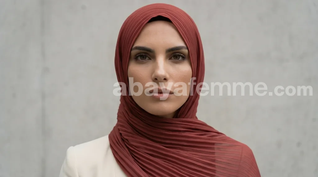 Hijab Mousseline plissé Terracotta Collection Wisteria 1 Femme portant le hijab mousseline plissé terracotta collection wisteria