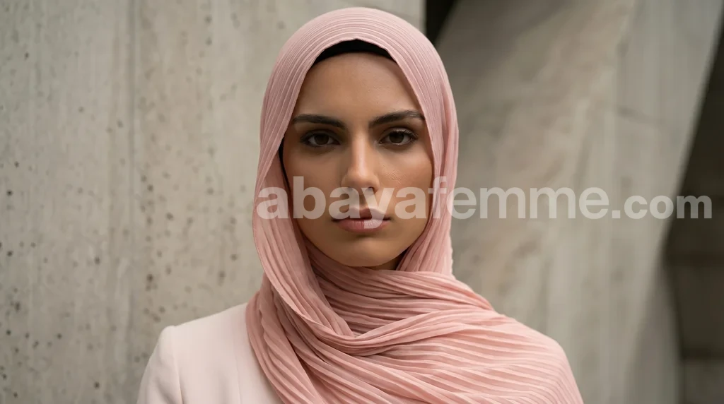 Hijab Mousseline Plissé Vieux Rose Collection Wisteria 2 Détail de la texture accordéon du hijab mousseline plissé vieux rose