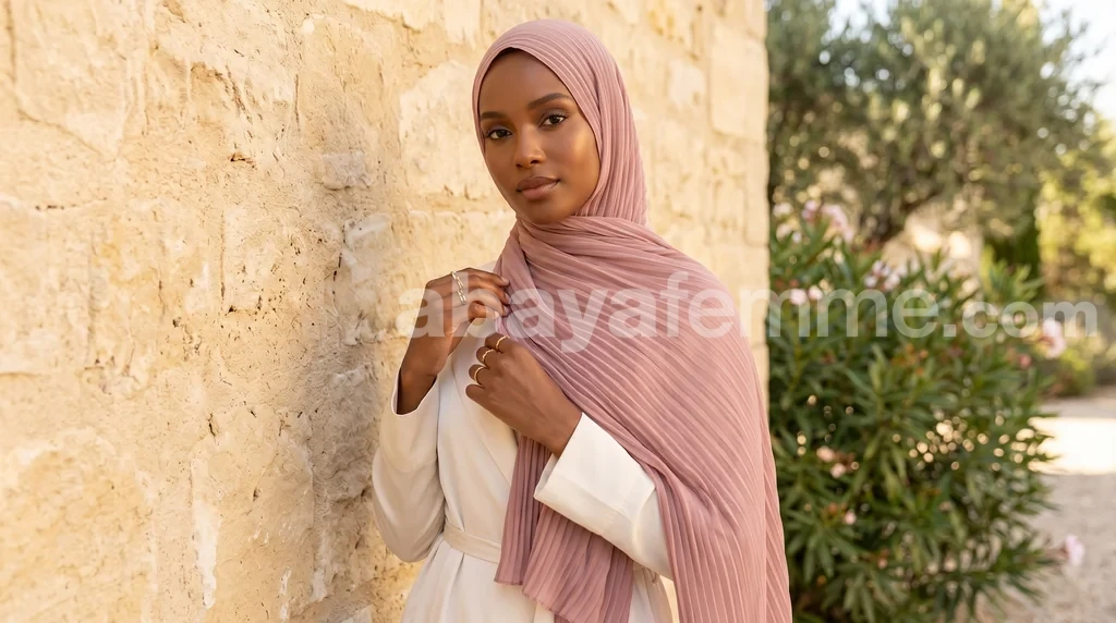 Hijab Mousseline Plissé Vieux Rose Collection Wisteria 1 Femme portant le hijab mousseline plissé vieux rose collection wisteria