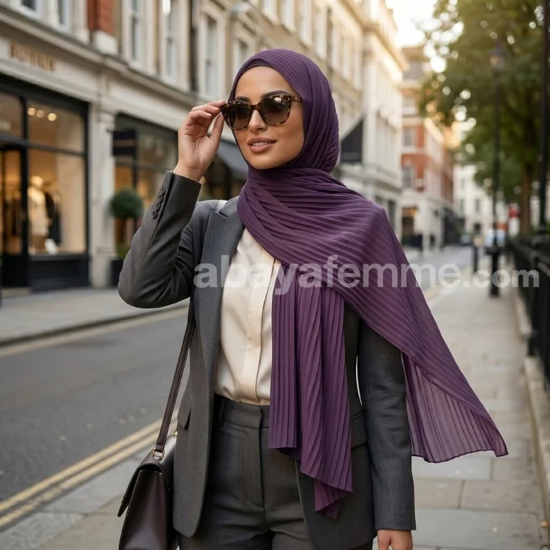 Hijab Mousseline Plissé violet profond Collection Wisteria 2 Détail du tissu du hijab mousseline plissé violet profond collection wisteria