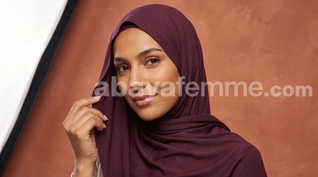 Hijab Jersey Prune Collection Premium 1 Hijab jersey premium prune porté élégamment par une femme