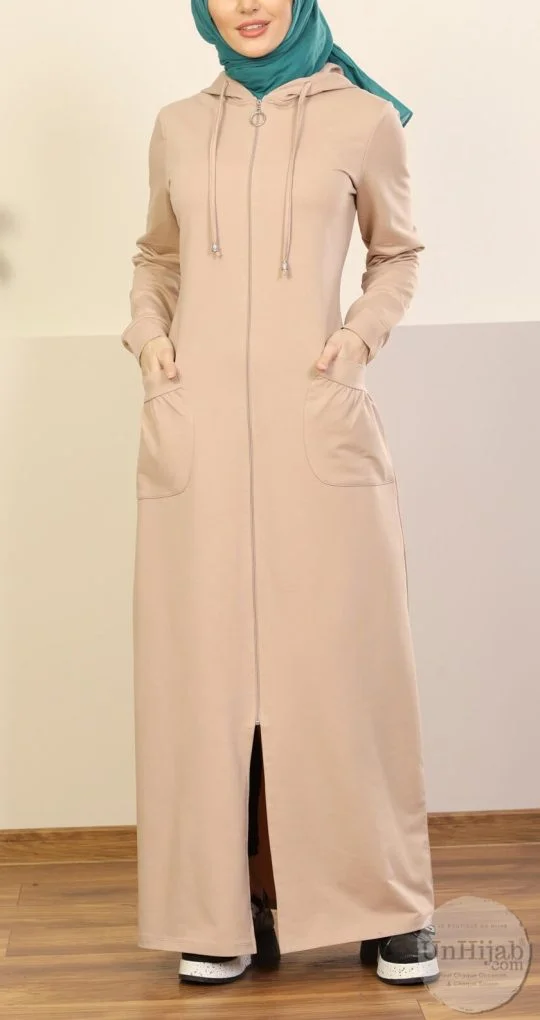 sweat long femme à Capuche zippée Beige sweat long femme à Capuche zippée Beige