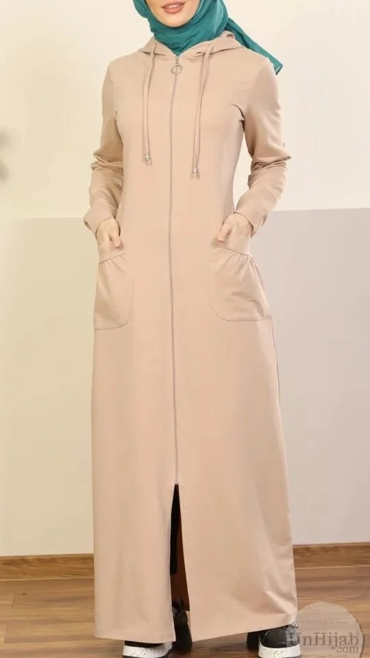 Veste01-beige-916 Sweat long femme à Capuche zippée Beige – Image 1