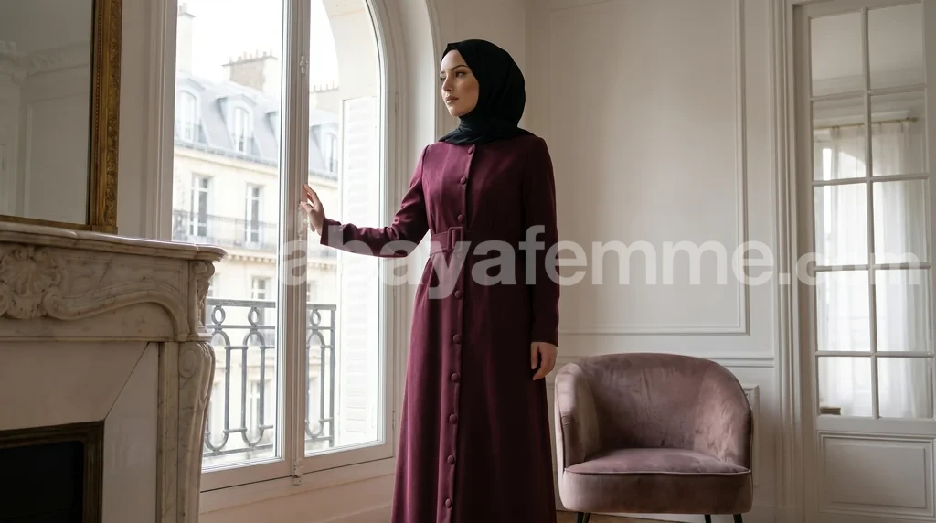 Abaya Bordeaux boutonnée avec ceinture assortie portée par une femme