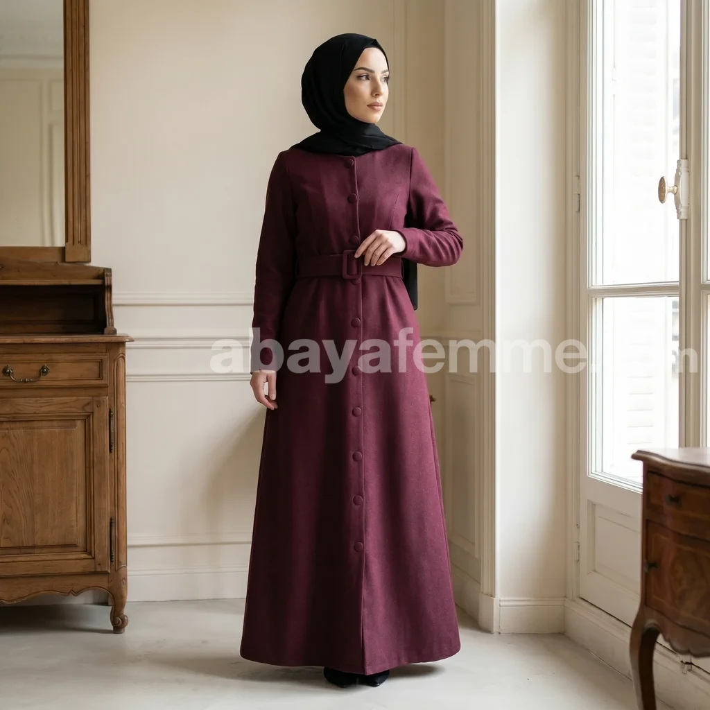 Abaya boutonnée Bordeaux 2 Détail des boutons et du tissu de l'Abaya Bordeaux