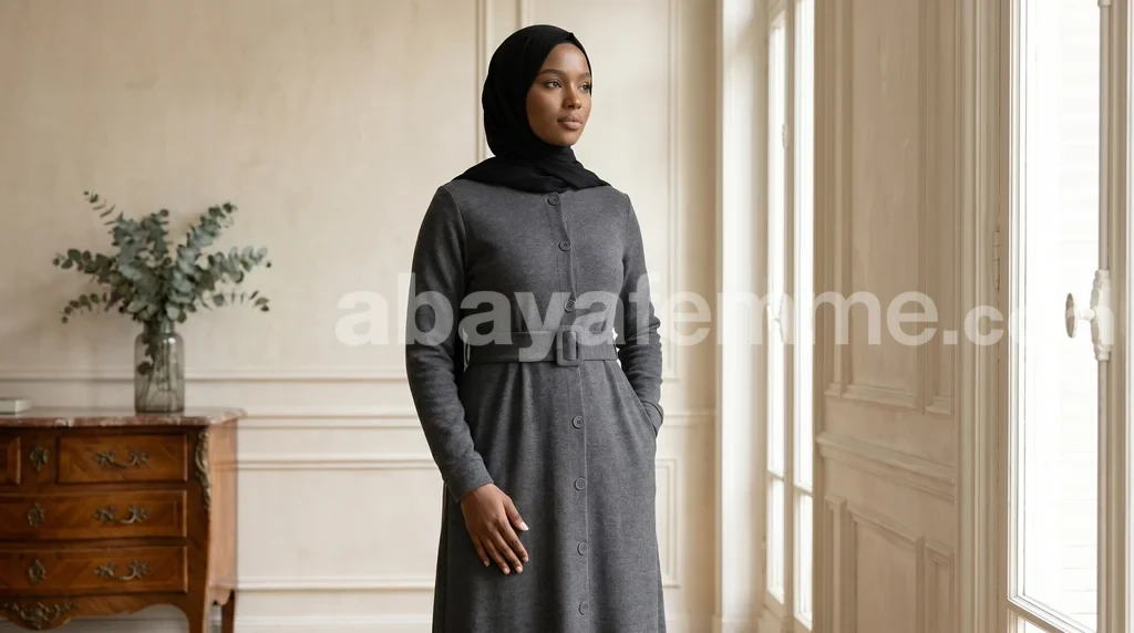 Abaya boutonnée Gris foncé 1 Femme portant l'Abaya boutonnée Gris foncé avec élégance