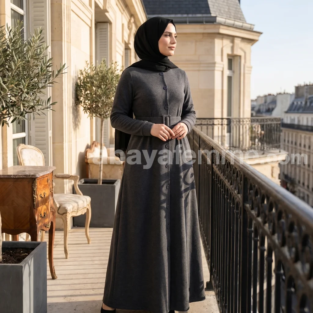 Abaya boutonnée Gris foncé 2 Détail du tissu et des boutons de l'Abaya boutonnée Gris foncé