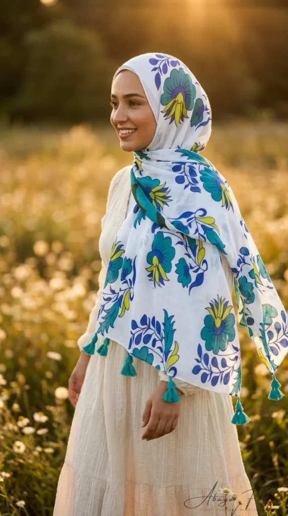 Premium Collection TS06 Rectangular Printed Shawl - Garden Photo - Model Style: Hijabi