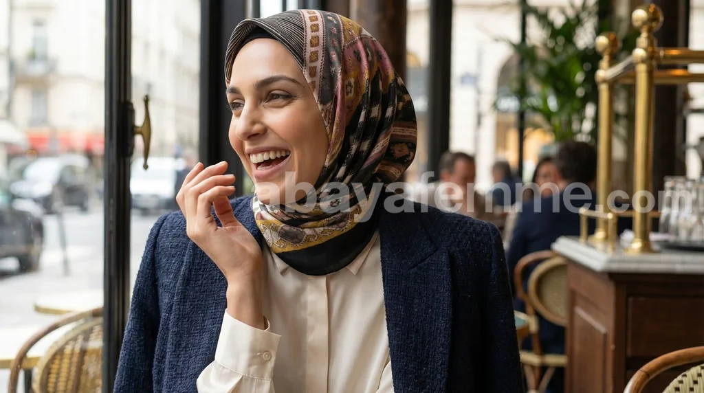 Foulard Collection Luxe FT25 1 Femme portant le foulard collection luxe ft25 de manière élégante et sophistiquée