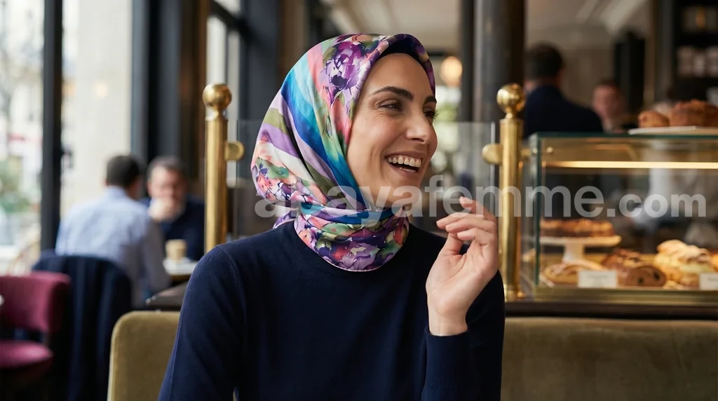 Foulard Collection Luxe FT14 1 Modèle portant le foulard collection luxe ft14 avec élégance